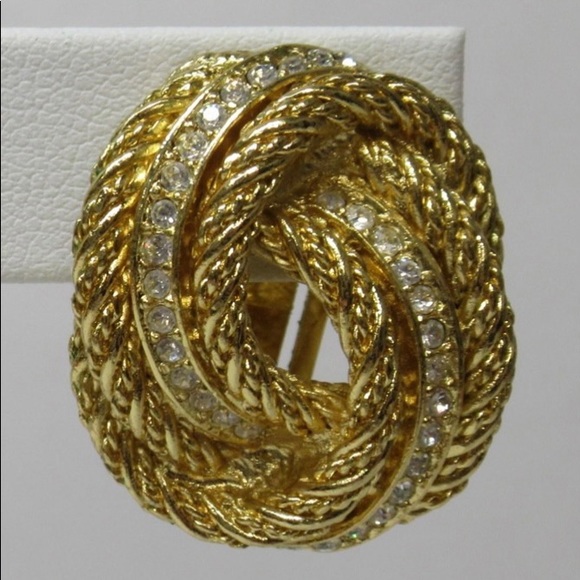 CHRISTIAN DIOR Signed Vintage Gold Tone Crystal Knot Clip-On Earrings - Picture 4 of 14